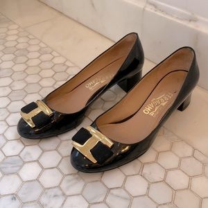 Ferragamo block heels patent leather black